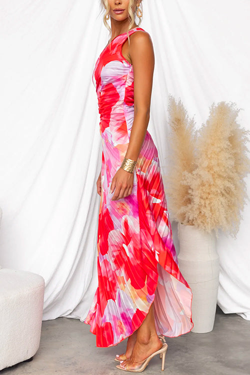 Vibrant zebra print one-shoulder gown with elegant asymmetric hem, a stylish choice for cocktail parties.
