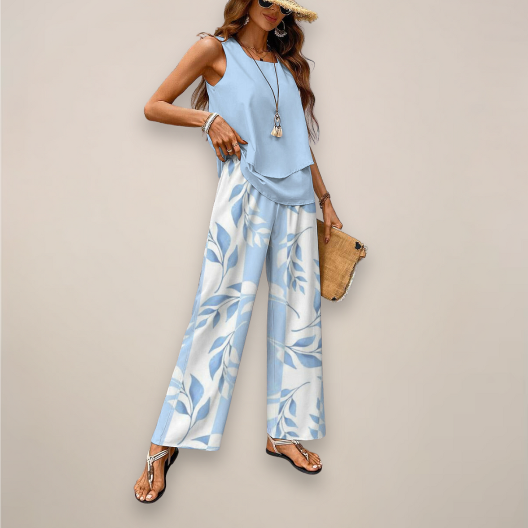 Boho chic women's co-ord set featuring a vivid print and breezy wide-leg pants for versatile wear.