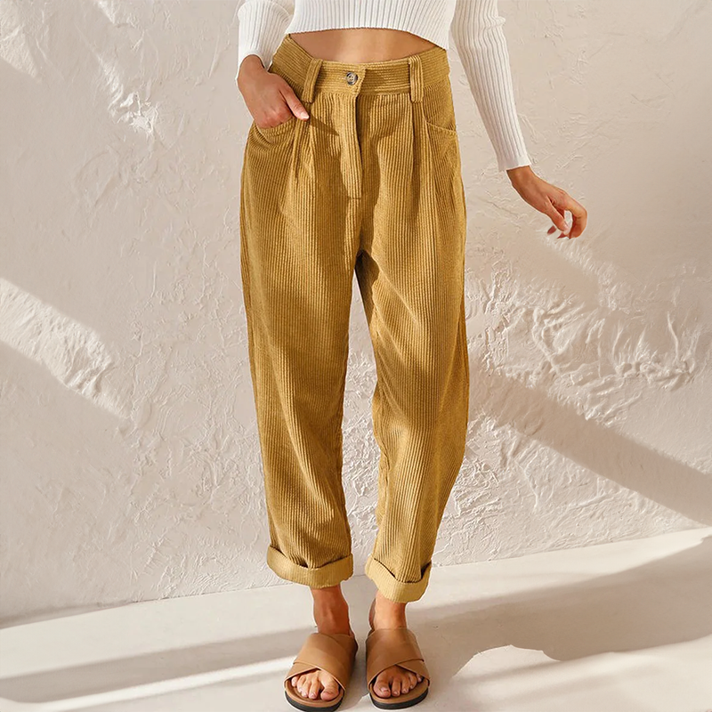 Women's vintage corduroy trousers with a classic style, perfect for fall and winter fashion. Relaxed fit pants.