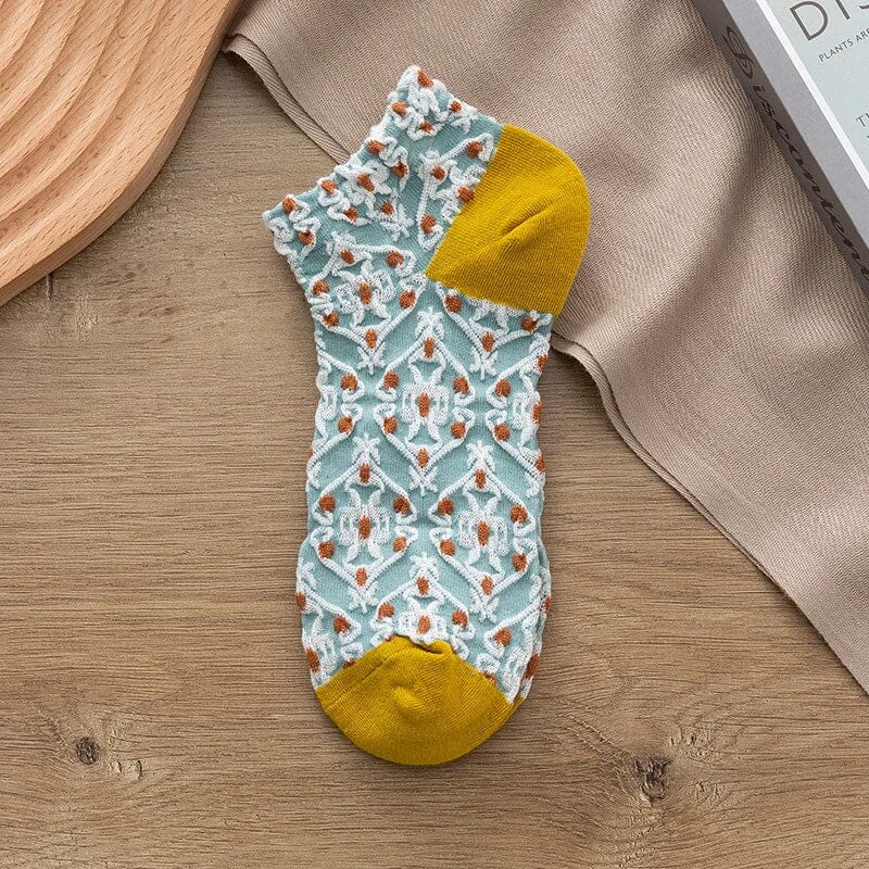 Women's vintage floral embossed crew socks, made from natural breathable cotton
