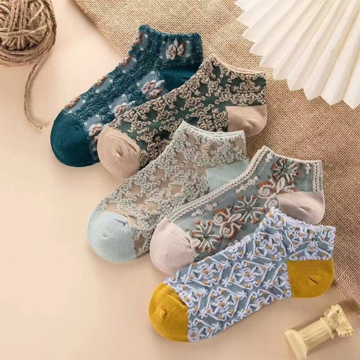 Women's cotton crew socks with classic vintage embossed floral pattern, breathable material