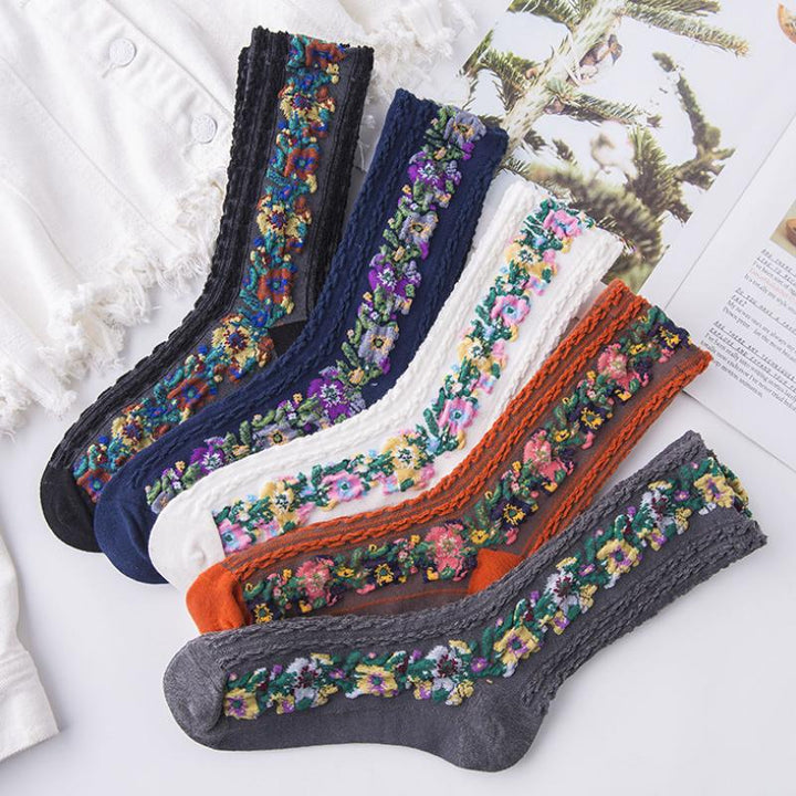 Comfortable and stylish women's floral socks, adorned with beautiful vintage embroidery.