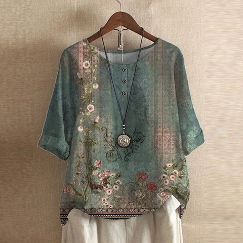 Women's vintage floral loose fit blouse, relaxed bohemian style for spring casual wear.