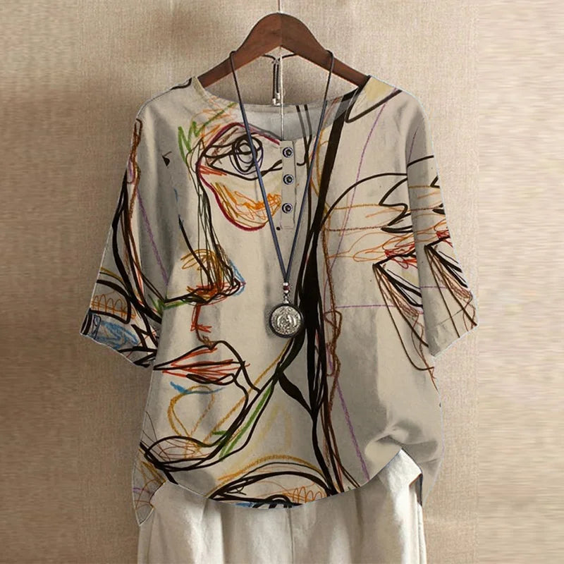Comfortable loose fit women's blouse with artistic vintage floral print, perfect for summer casual style.