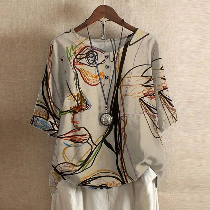 Comfortable loose fit women's blouse with artistic vintage floral print, perfect for summer casual style.