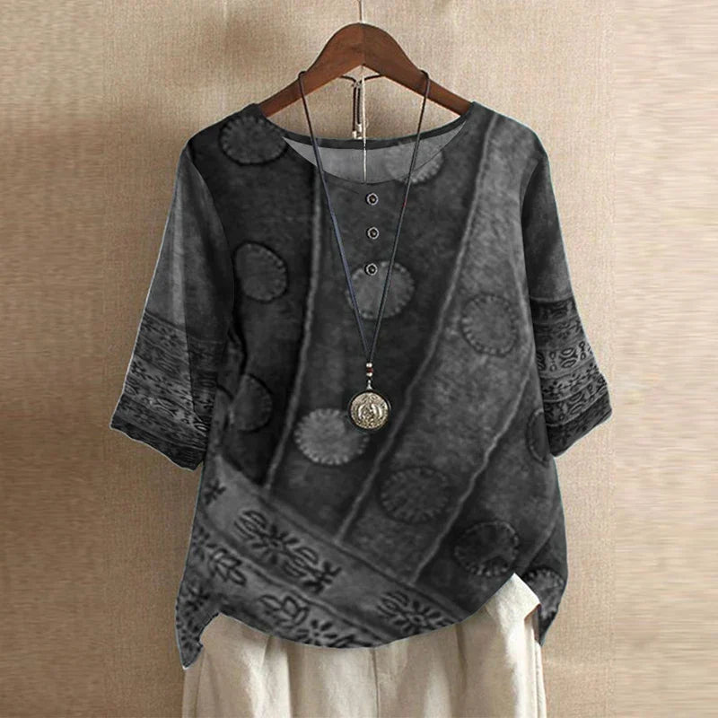 Artistic floral print women's blouse, loose fit, comfortable, ideal for summer & vintage fashion.