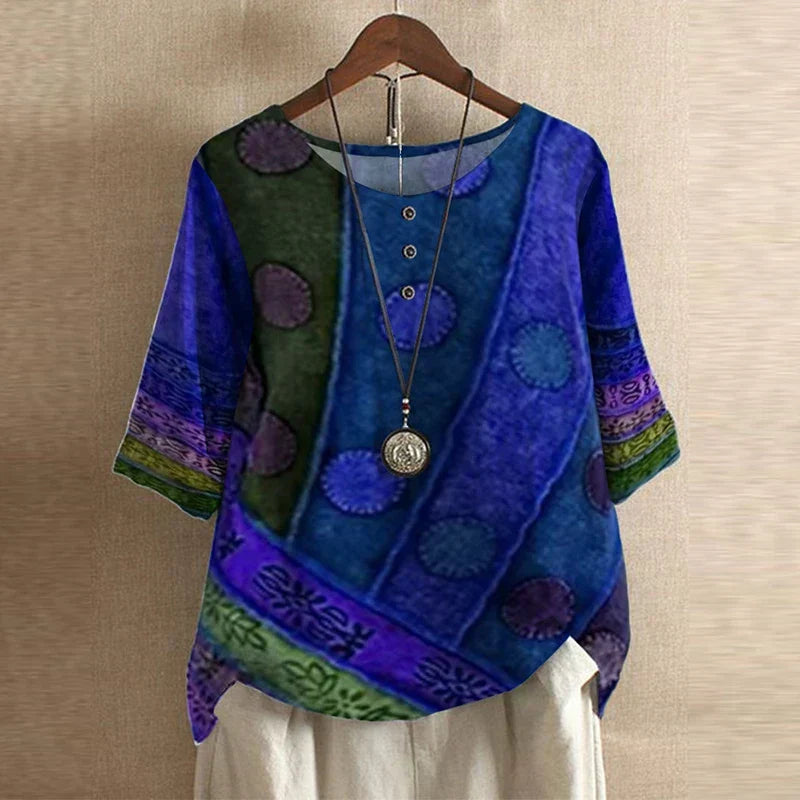 Spring fashion women's blouse, bohemian loose fit top with elegant vintage floral design.