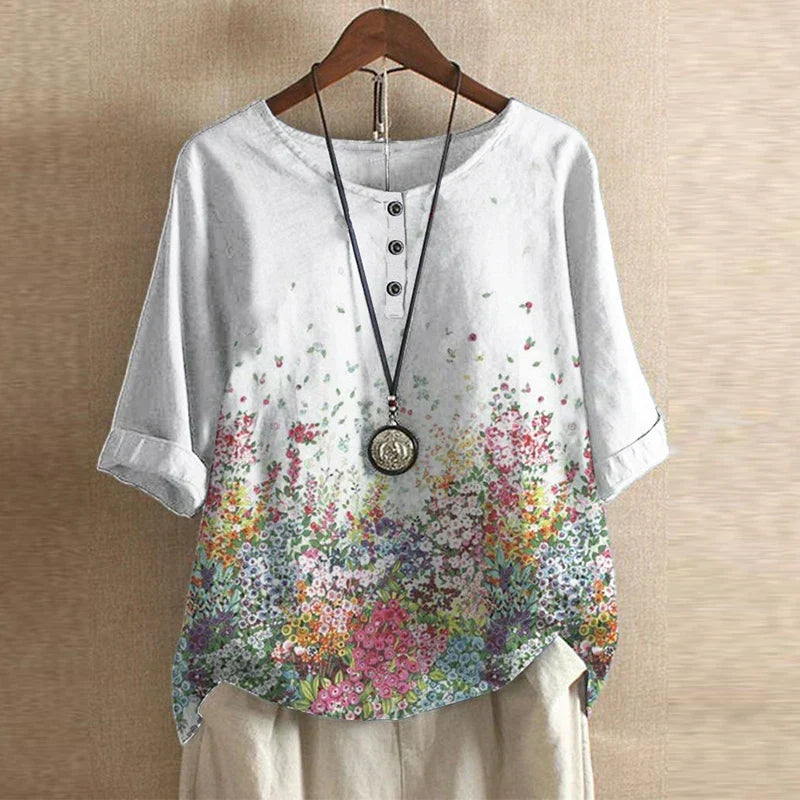 Vintage floral loose fit women's blouse, stylish bohemian top for casual spring/summer fashion.