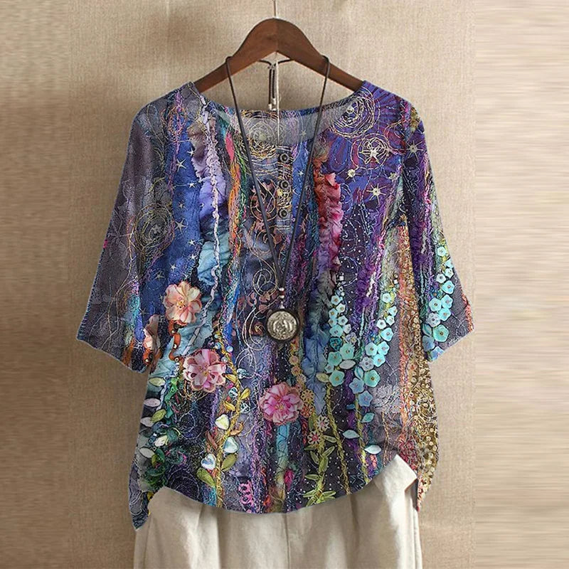 Women's vintage floral blouse, versatile loose fit top with bohemian feel for casual spring/summer.