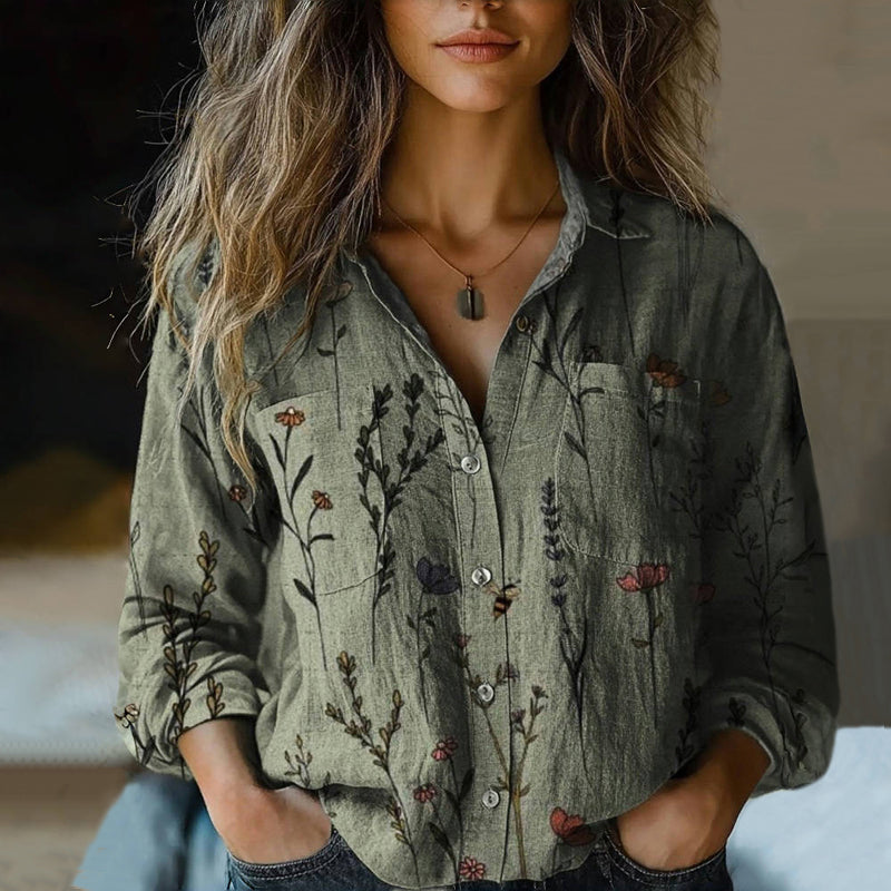 Women's vintage floral print button-down shirt, long sleeve, oversized fit, perfect for casual spring/summer style.
