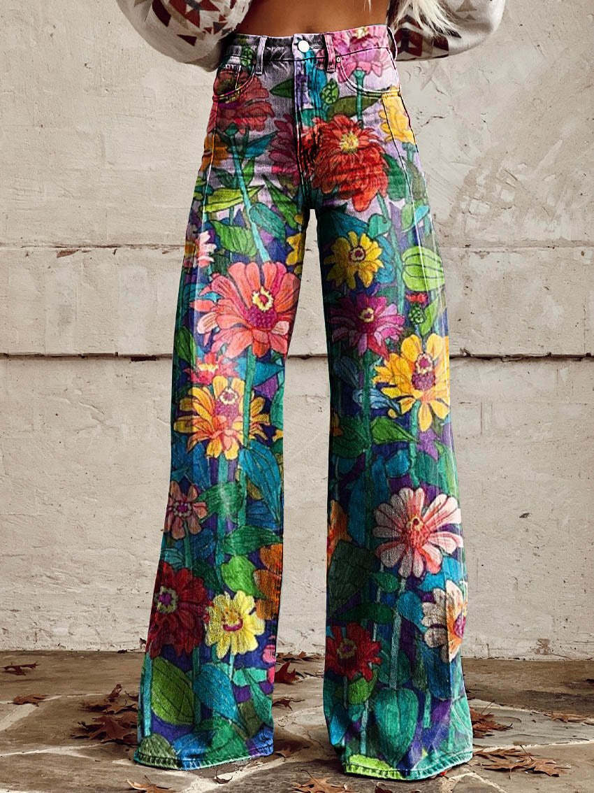 Women's vintage floral wide-leg flare jeans, high-waist, 70s style denim.
