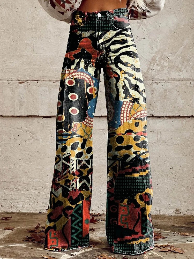 Retro high-waist women's denim flare jeans, featuring a unique floral pattern.