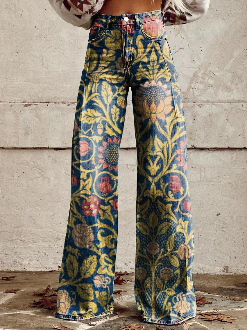 Patterned wide-leg flare jeans for women, vintage floral print, casual boho look.