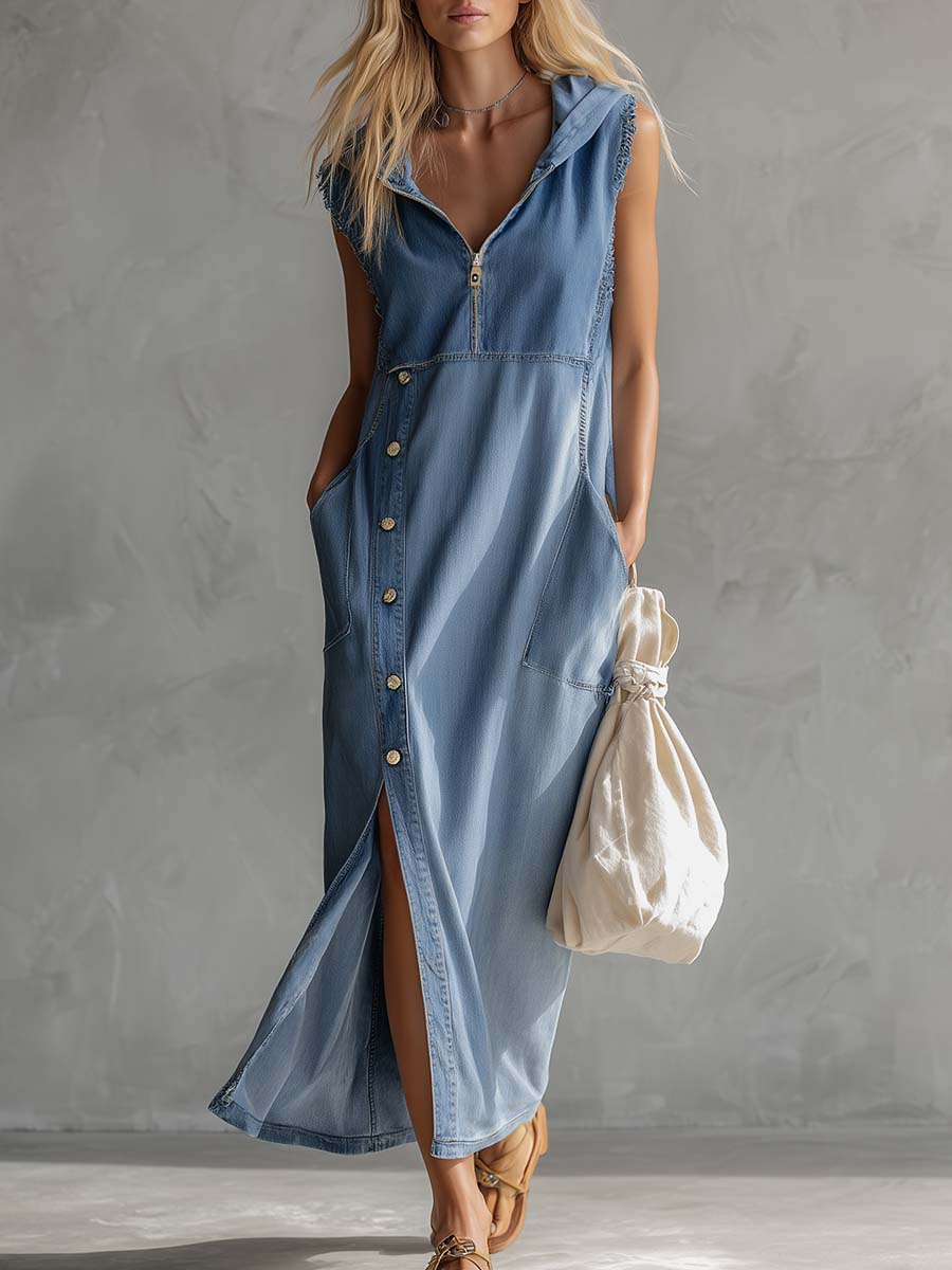 Women's vintage hooded v-neck blue midi dress with side slit, perfect for elegant casual wear. Sleeveless fashion.