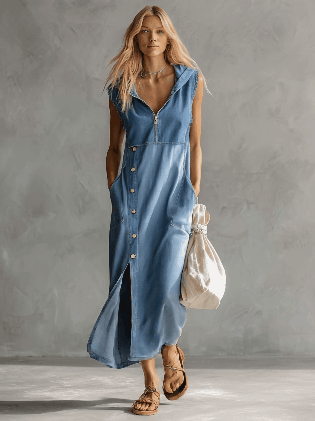 Close-up of a blue vintage style midi dress, featuring a v-neck and hood. Women's elegant fashion.