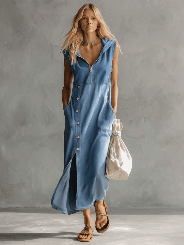 Close-up of a blue vintage style midi dress, featuring a v-neck and hood. Women's elegant fashion.