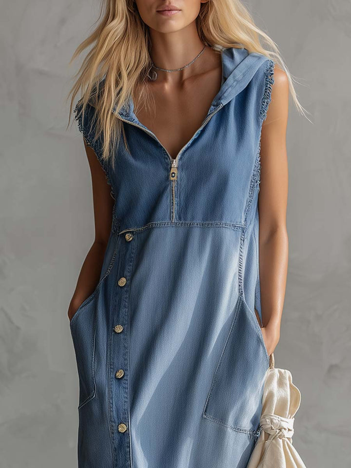 Back view of a women's vintage blue hooded midi dress, highlighting the flowy skirt and casual v-neck style.