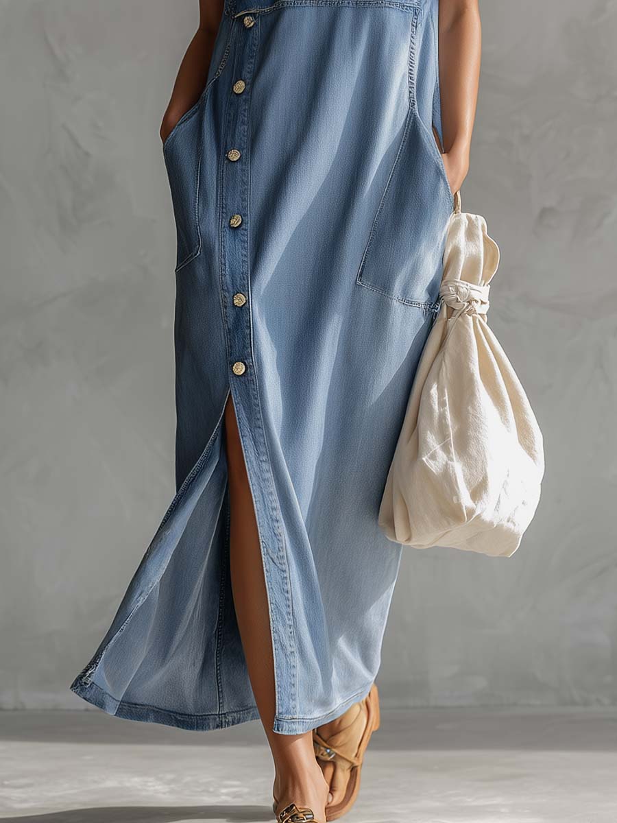 Stylish women's vintage blue midi dress with a distinctive v-neck and comfortable hood for casual elegance.