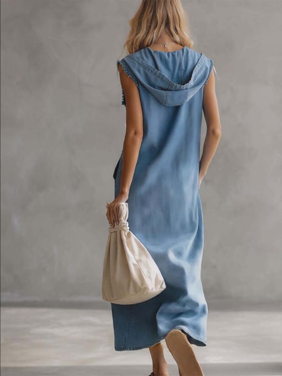 Elegant women's blue vintage hooded v-neck midi dress, sleeveless with a side slit, ideal for versatile fashion.