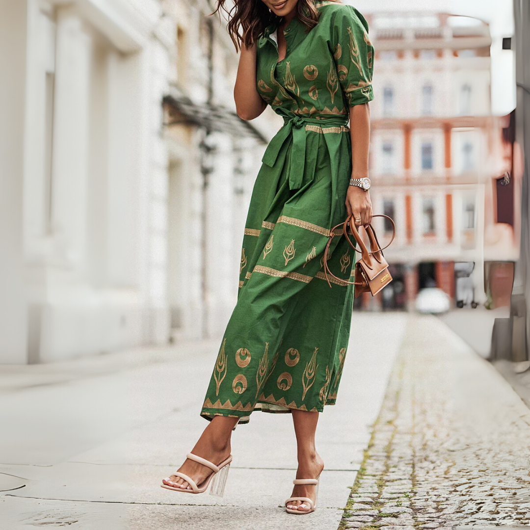 Elegant women's short sleeve A-line dress with tie waist. Modest neckline, ideal for everyday, party or summer events.