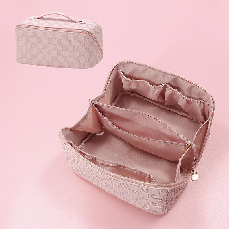 Close-up of durable PU leather texture on vintage women's makeup bag