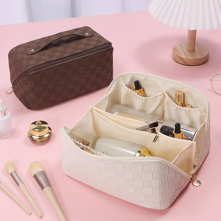 Close-up of vintage pattern on Women's makeup bag, portable travel accessory
