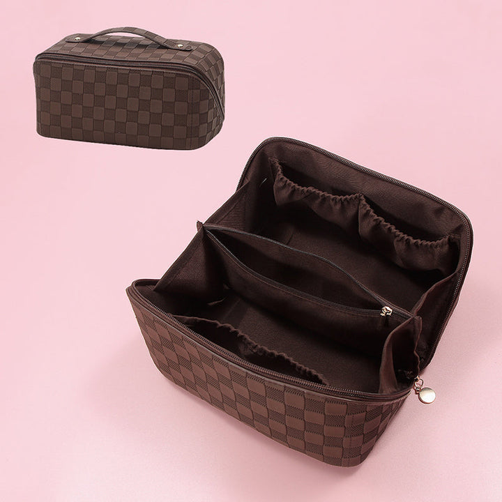 Angled shot of women's makeup storage bag, classic vintage design