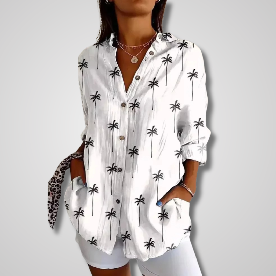 Women's printed v-neck button-down blouse, a vintage long sleeve top for spring and casual outfits.