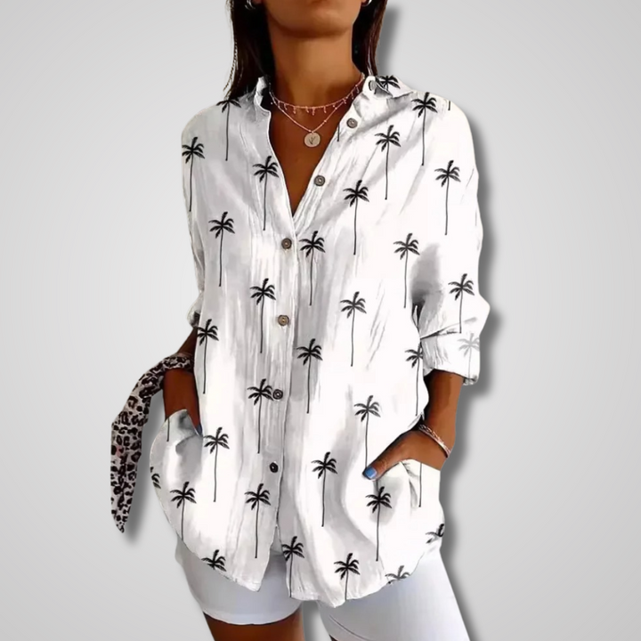 Women's printed v-neck button-down blouse, a vintage long sleeve top for spring and casual outfits.
