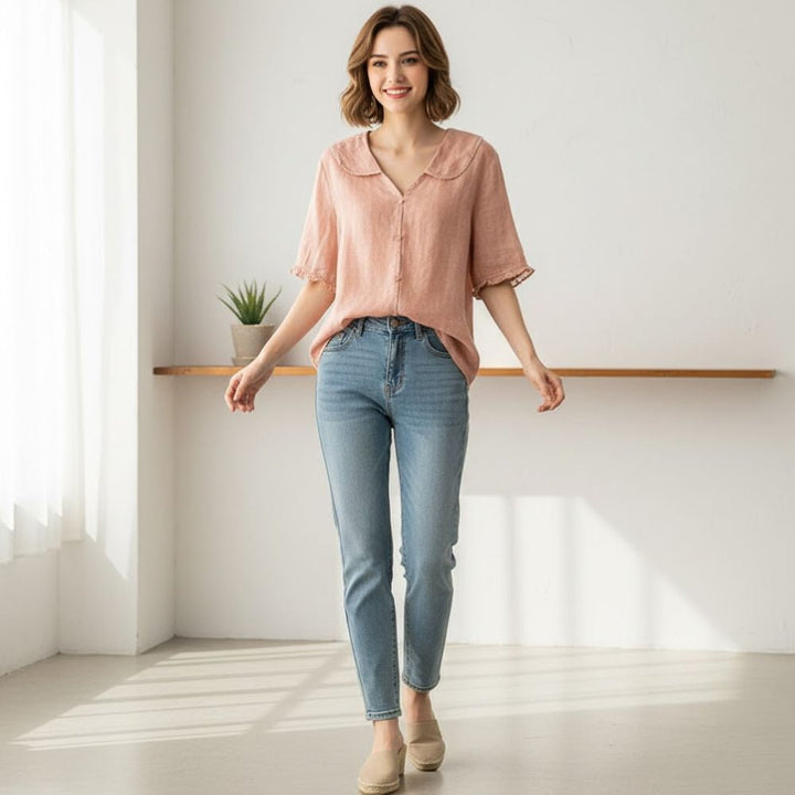 Women's vintage scalloped collar blouse, button-down front. Elegant, versatile top for casual or chic outfits.