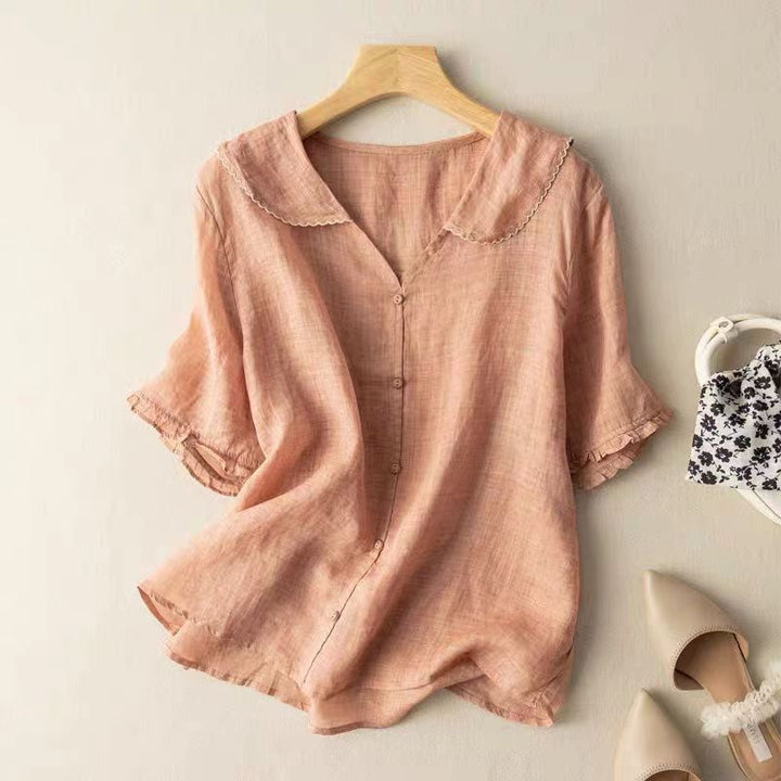 Casual chic women's vintage blouse, scalloped collar & button-down. Elegant top, available in multiple colors.