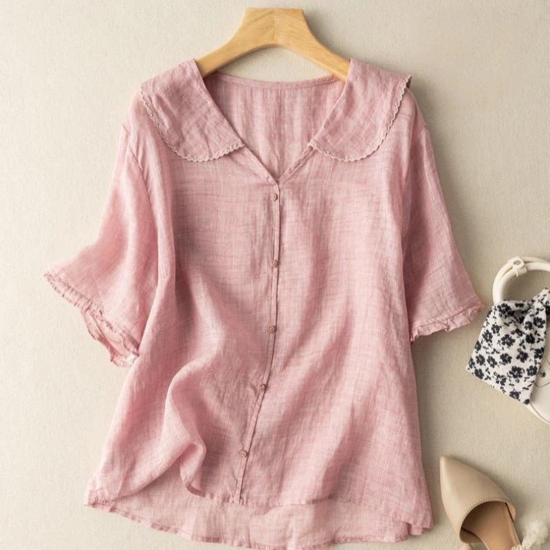 Pink women's versatile vintage blouse with a chic scalloped collar & button-down front. Elegant casual top.