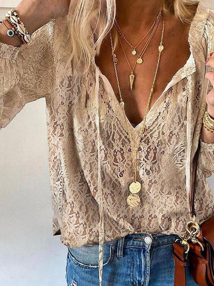 Elegant khaki women's boho top with split neck. Ideal vintage style blouse for casual spring and summer wear.