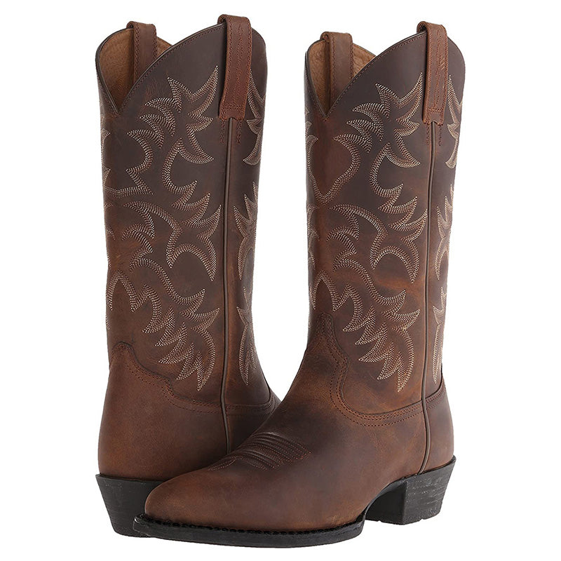 Women's vintage style brown embroidered Western cowboy boots with intricate stitching, perfect for casual fashion.