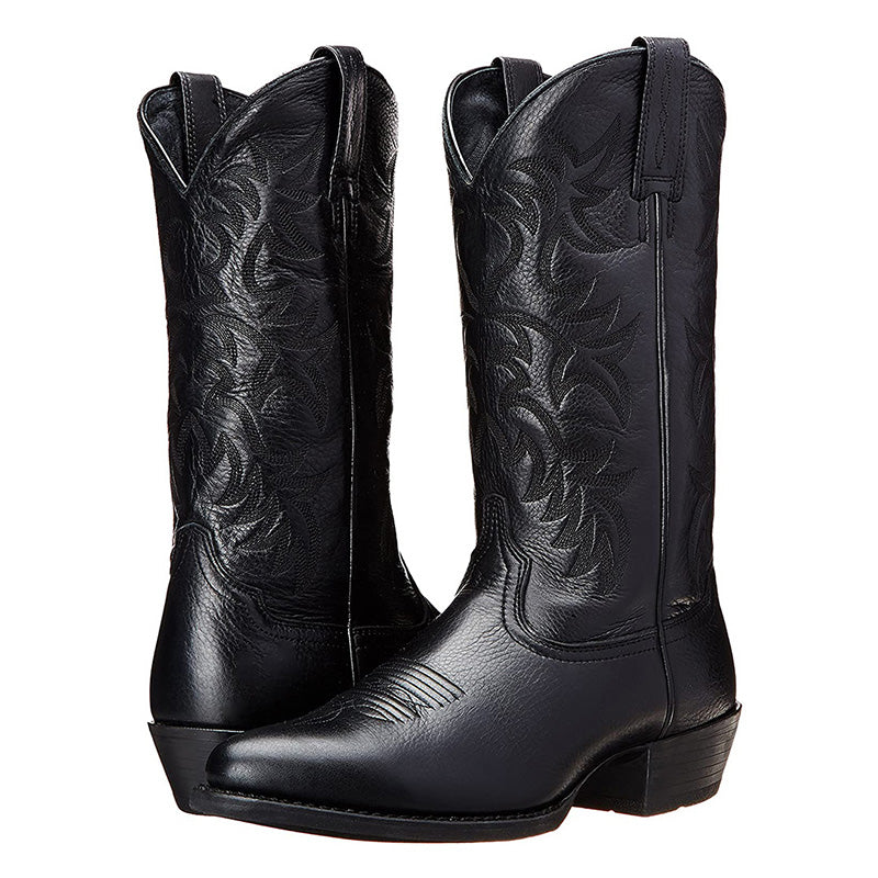 Fashionable black cowboy boots for women, featuring detailed embroidery and a classic Western vintage design.