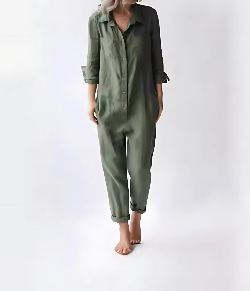 Women's vintage style jumpsuit, relaxed fit, effortless chic for summer. Features button closure & pockets.