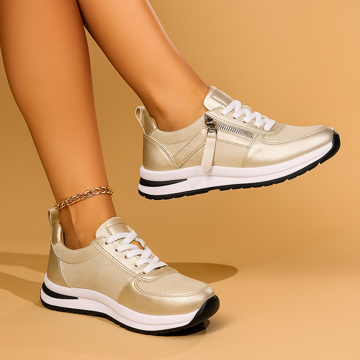 Close-up of women's vintage-style runners showcasing distressed look and comfortable design.
