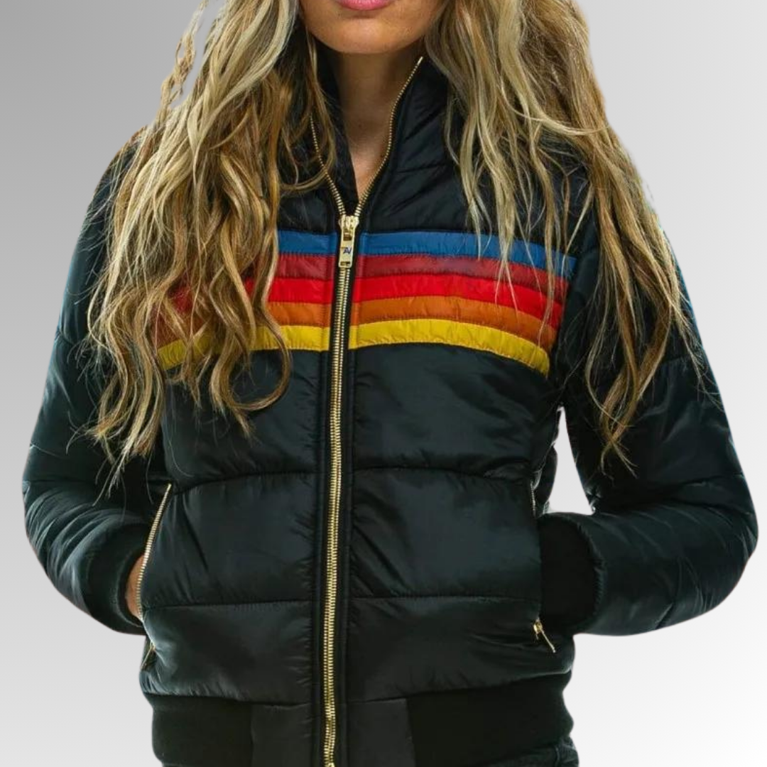 Retro women's zip-up jacket, showcasing classic vintage style with eye-catching rainbow stripes. Casual outerwear.