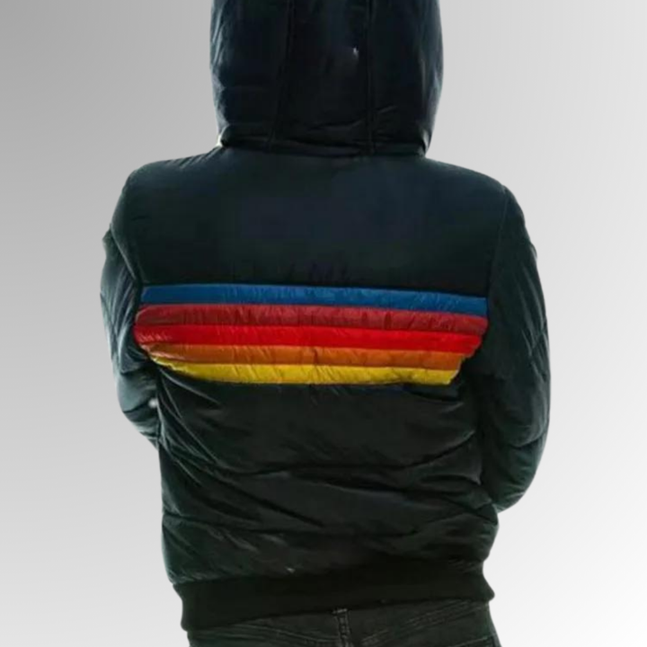 Comfortable women's zip-up jacket with a vintage feel & bold rainbow stripes. Perfect everyday fall/spring style.