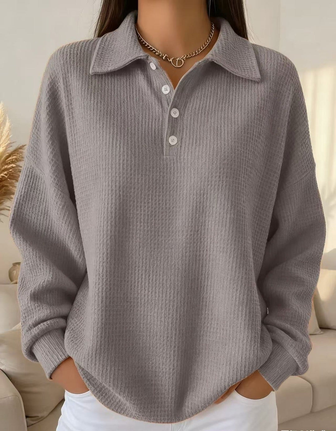 Chic women's collared waffle knit henley. Soft, long sleeve pullover; ideal cozy oversized top for autumn fashion.