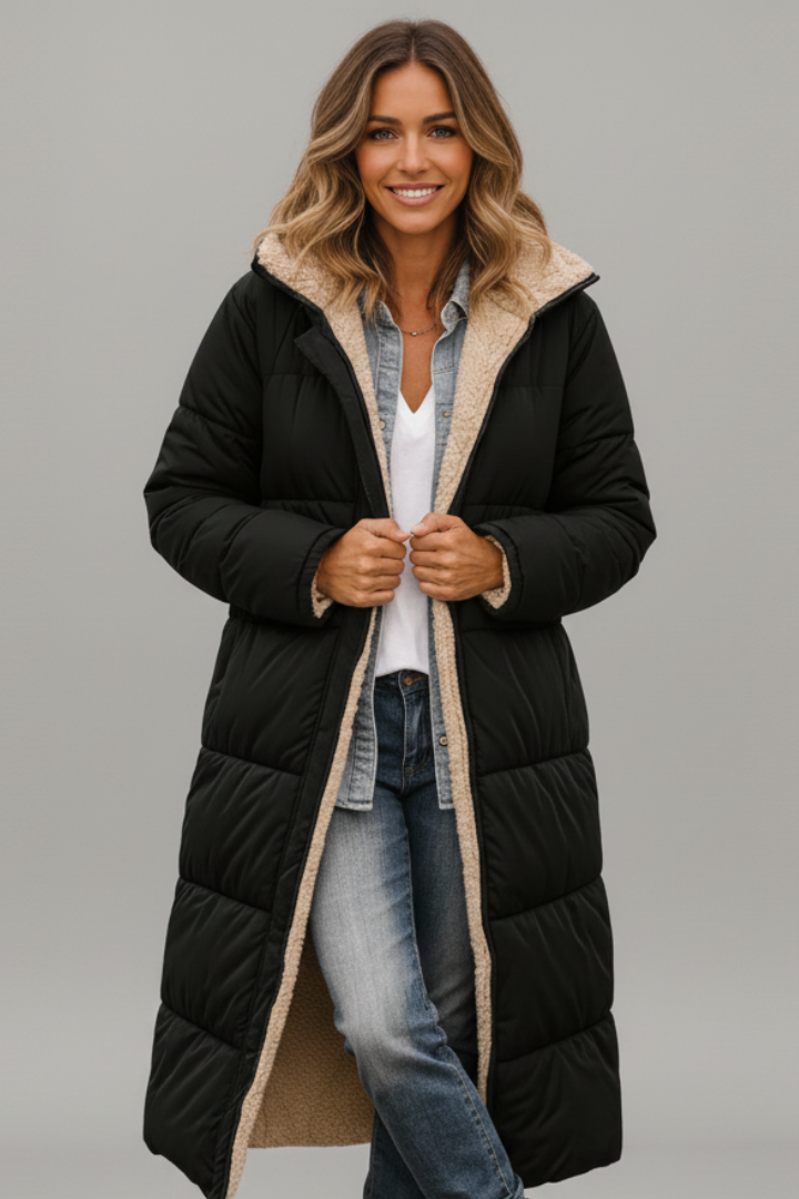 Stylish women's long hooded quilted coat with full-zip & side pockets, perfect for winter fashion warmth.