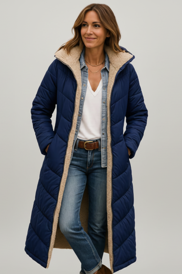 Fashionable women's long quilted hooded coat, full-zip, warm outerwear for cold weather and seasonal wear.