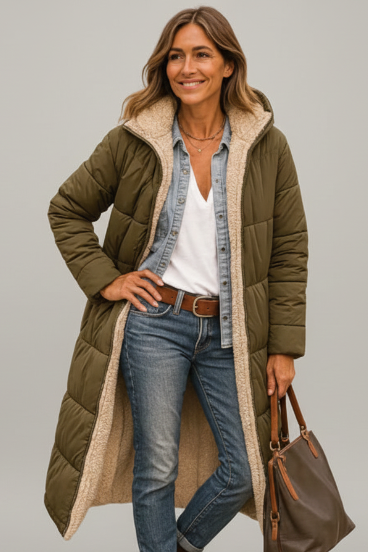 Women's long quilted hooded winter coat with full-zip closure, offering ultimate warmth in cold weather.