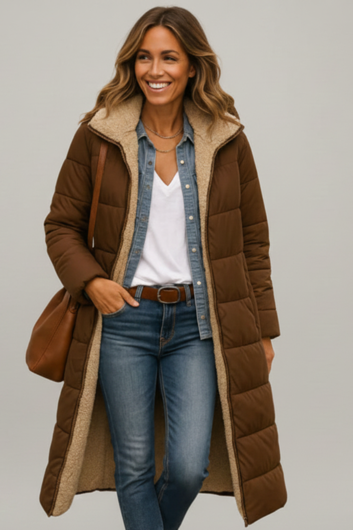 Cozy women's warm long quilted coat with hood & full-zip, perfect stylish outerwear for cold weather.