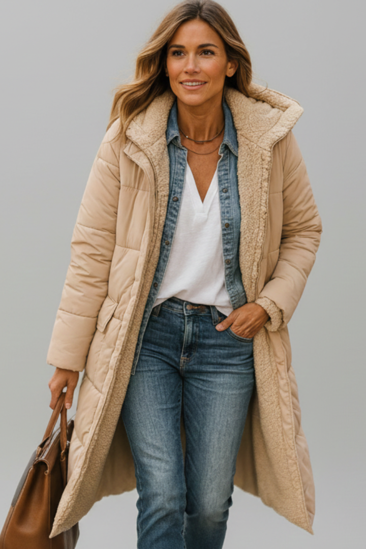 Women's full-zip long quilted hooded winter coat, warm & stylish outerwear with side pockets for cold seasons.