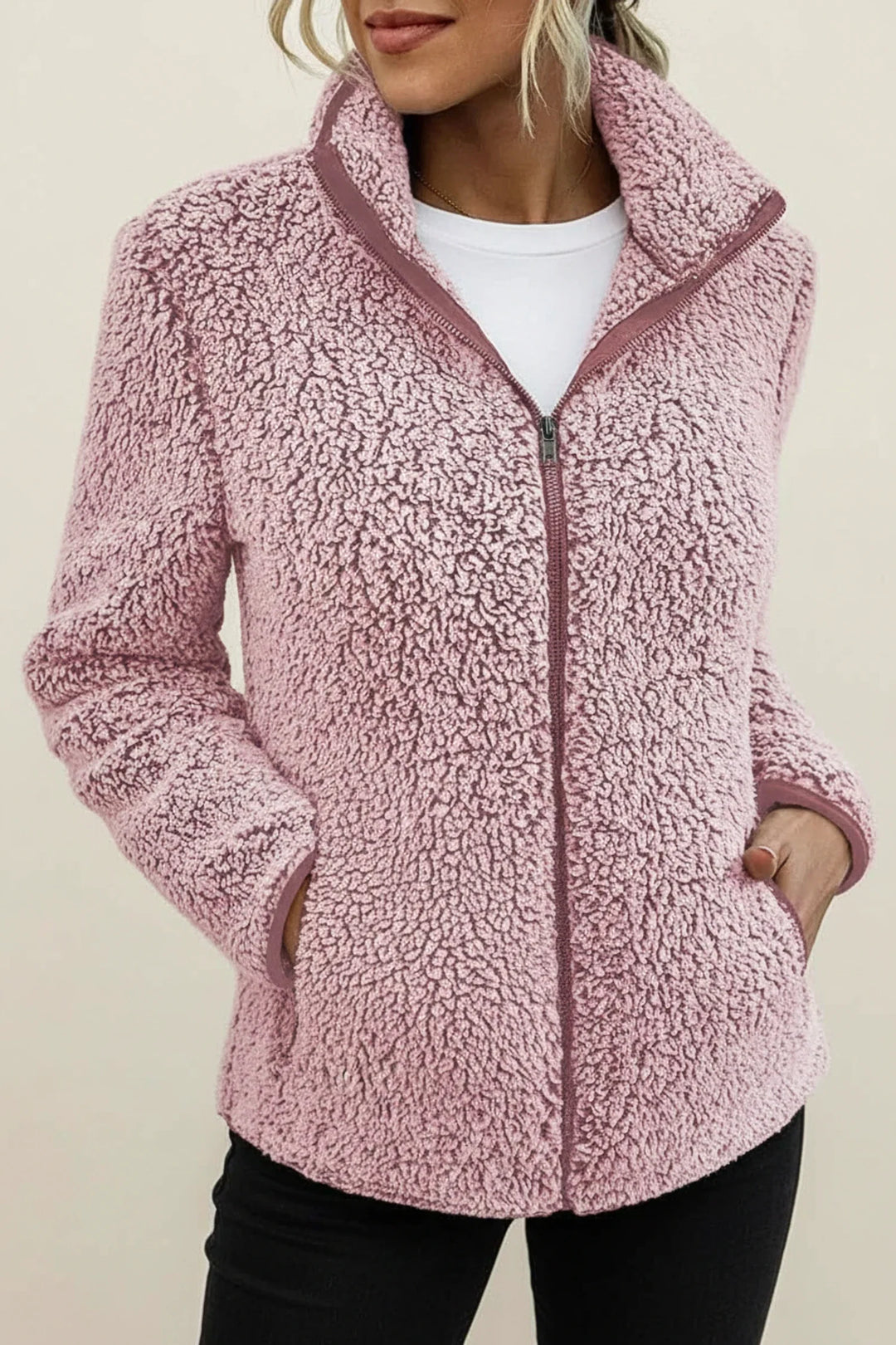 Cozy women's winter jacket, relaxed fit zip-up outerwear, perfect for fall fashion & warmth.