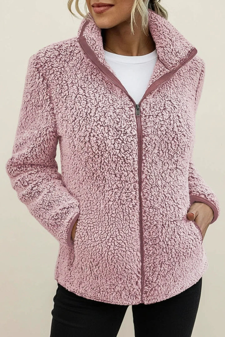 Cozy women's winter jacket, relaxed fit zip-up outerwear, perfect for fall fashion & warmth.