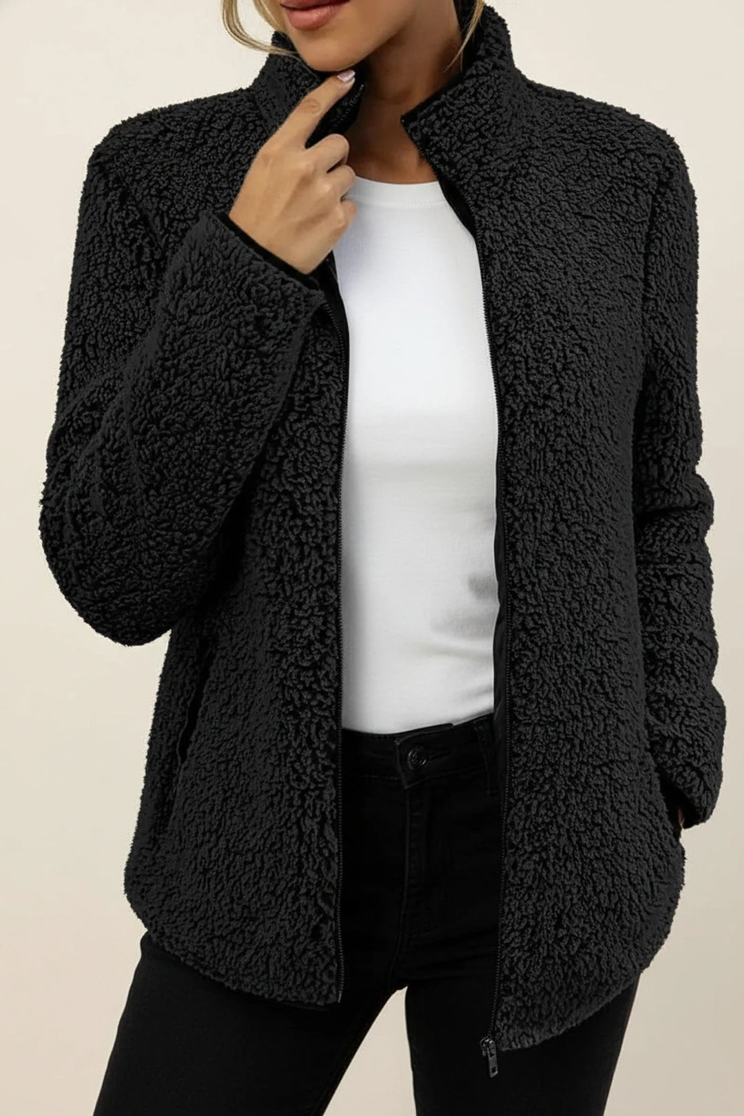 Warm & cozy women's winter jacket, zip-up design, stand collar, ideal fall fashion outerwear.