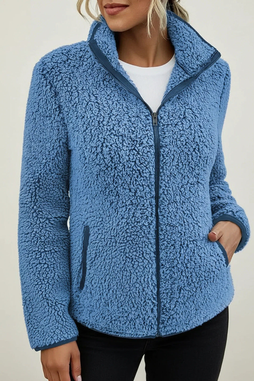 Stylish women's warm winter jacket, cozy zip-up outerwear with stand collar for cold weather.