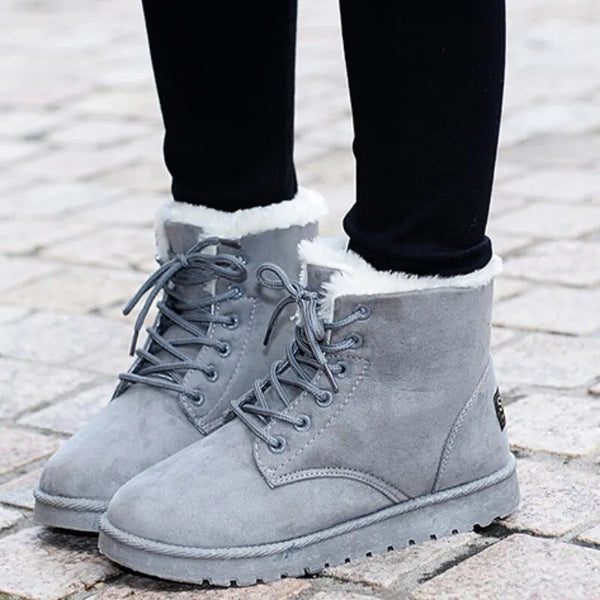 Women's warm winter lace-up ankle boots, black, side view, ready for cold weather fashion.